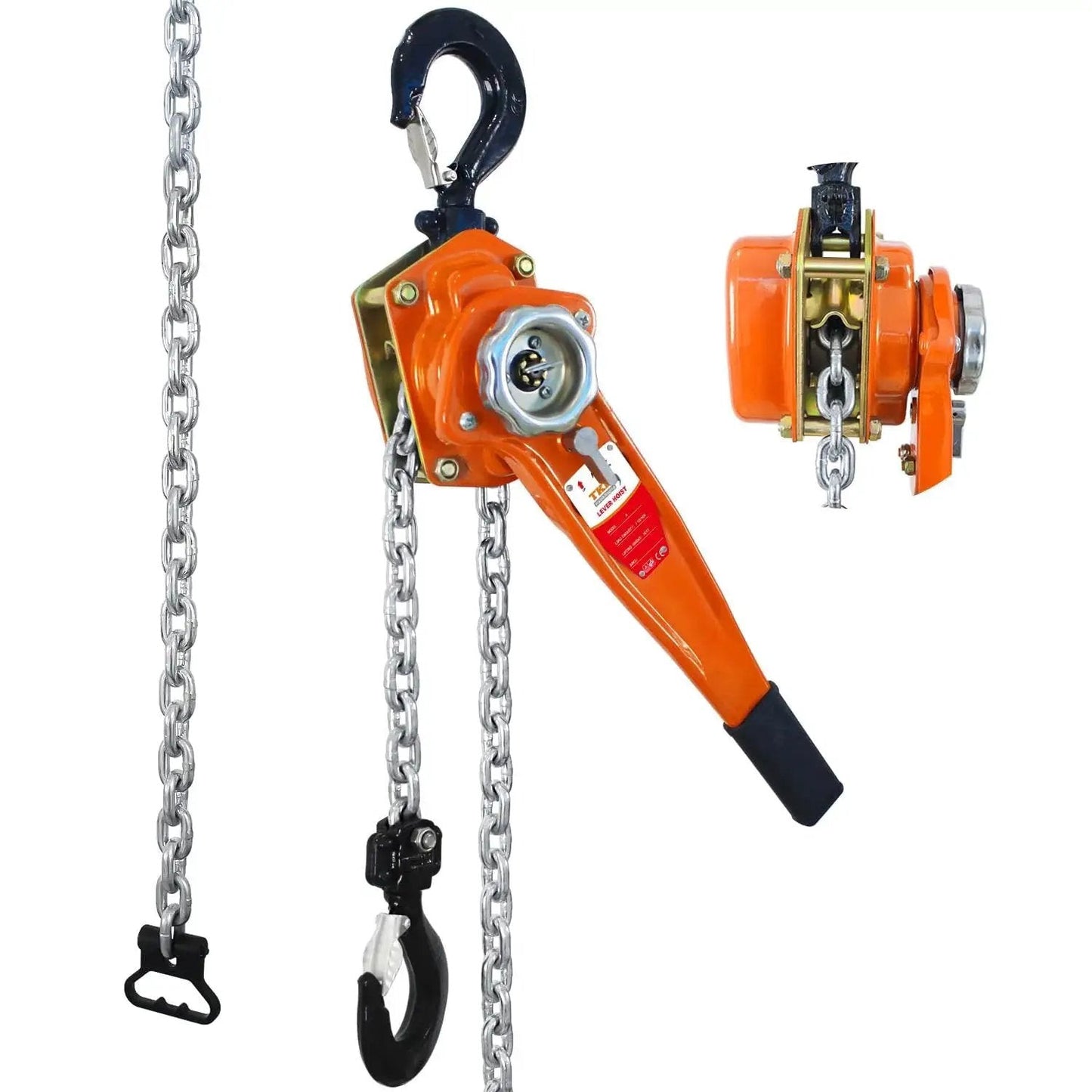 Manual Chain Hoist 1.5 Ton 10 Ft Heavy Duty Lift 3300 Lbs With Durable Hook, orange hoist with steel chain and black hooks