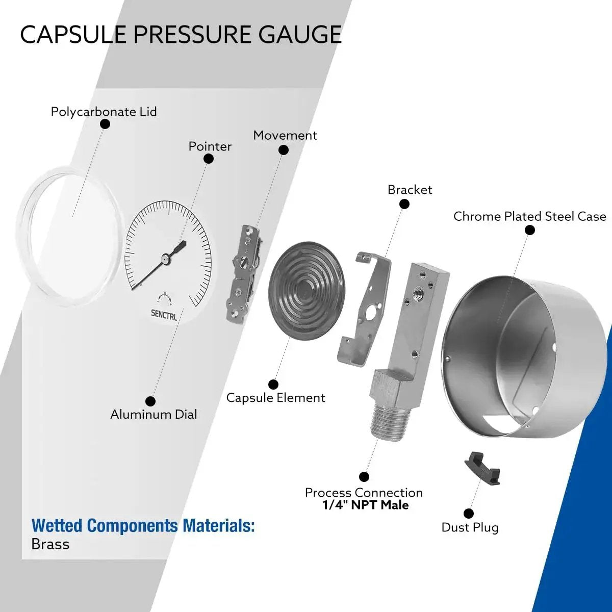 Parts of Low Pressure Capsule Gauge 0 to 3 Psi for Air Water and Gas Testing, showing dial, NPT mount, and chrome-plated case