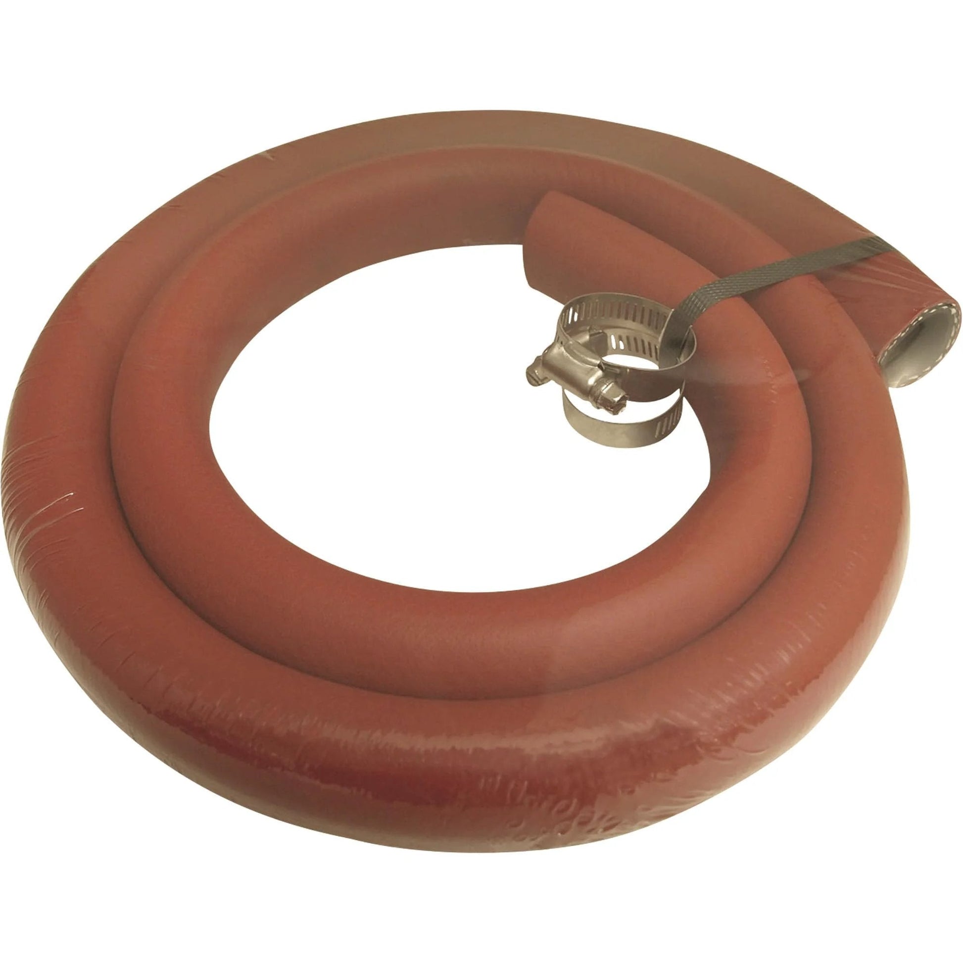 Low Pressure Hydraulic Return Line Hose 1 Inch By 5 Foot Red Neoprene Covered Non Conductive Reinforced With High Tensile Textile Cord Includes Two Stainless Steel Worm Gear Clamps, coiled with clamps visible.