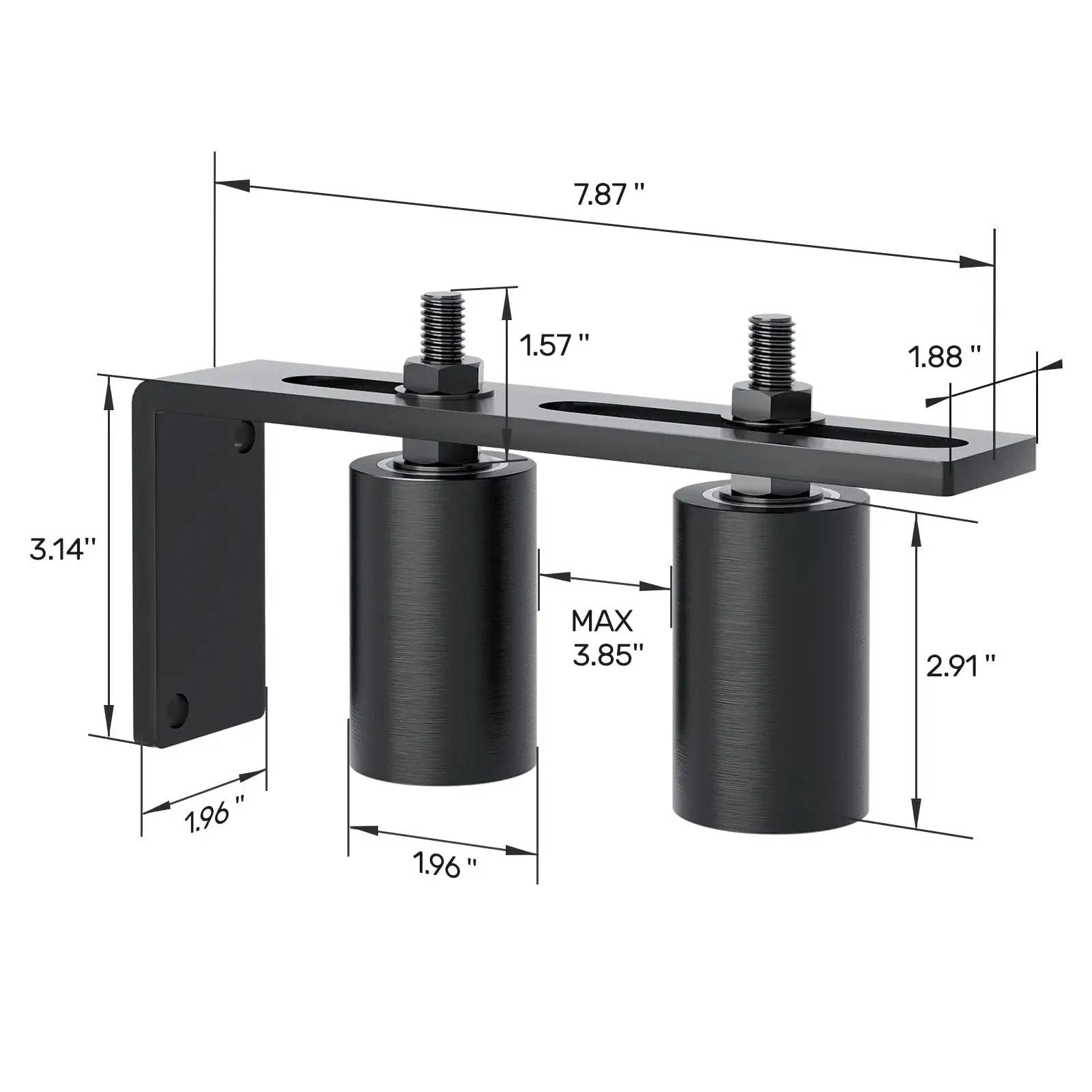 Heavy Duty Slide Gate Guide Roller 3 Inch With L Shaped Rear Post Bracket Iron Gate Guide Wheel Pulley And Adjustable Bolts Universal Gate Support Assembly For Sliding Rolling Gates, front view with dimensions.