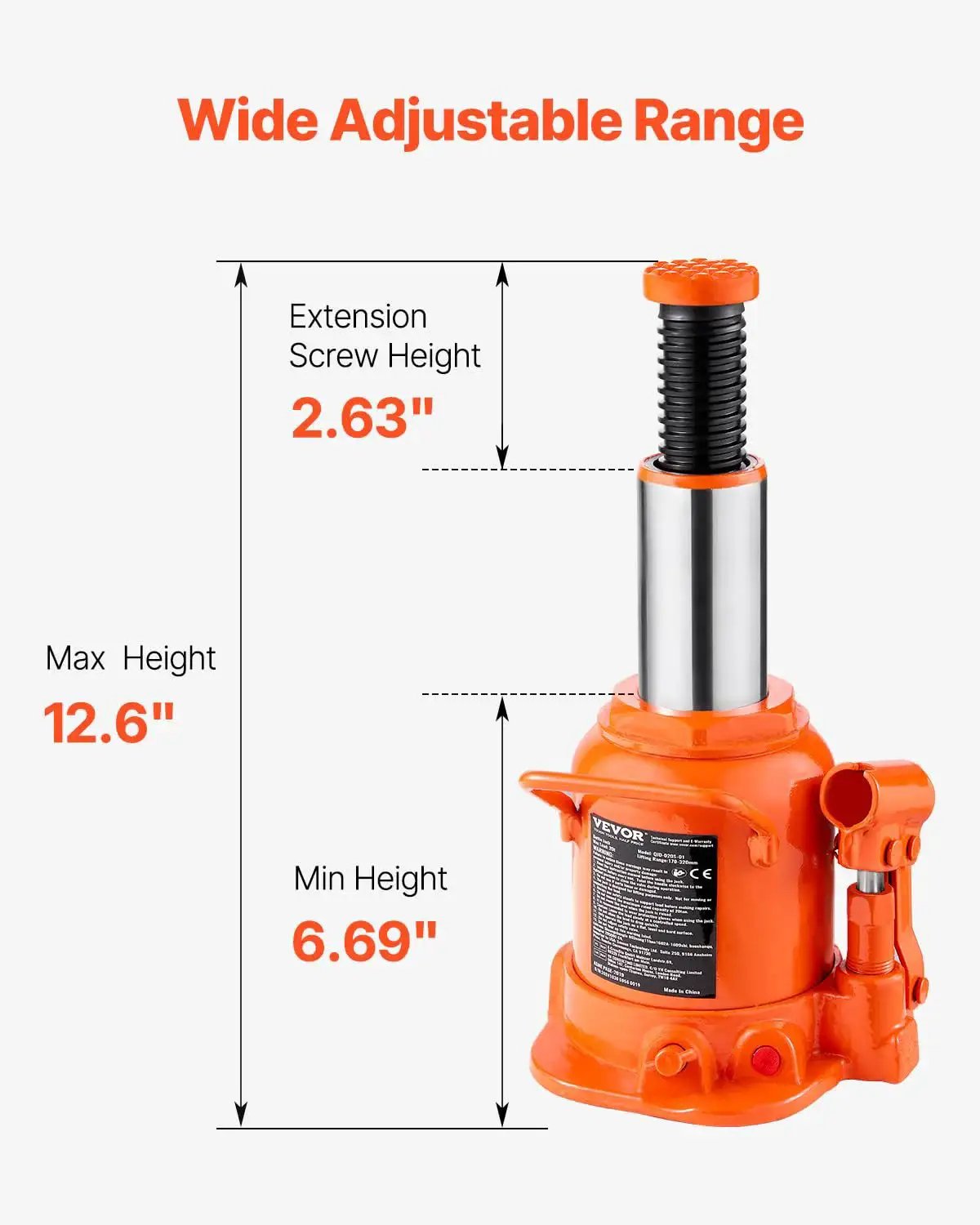 20 Ton Low Profile Hydraulic Bottle Jack With 6.69 To 12.6 Lift And Long Handle shown with extension screw and max height measurements.