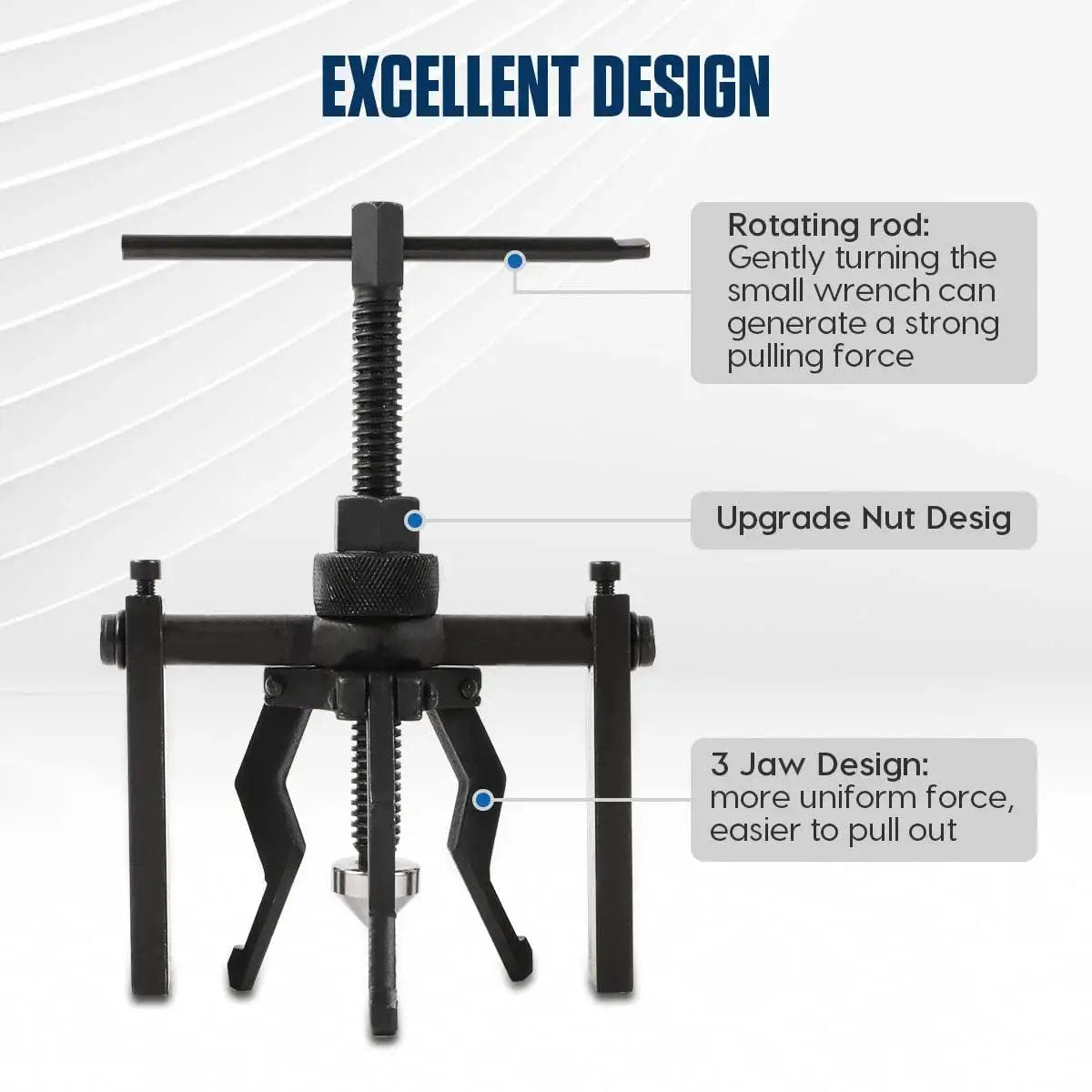 Three Jaw Bearing Puller Tool Kit For Pilot And Blind Bearings with sturdy CR-V Steel and three-jaw design highlighting features