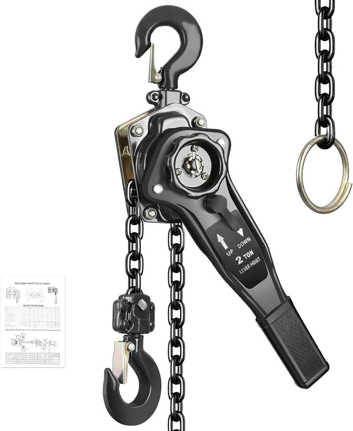 Manual Lever Chain Hoist 2 Ton Come Along 4400 Lbs Capacity 10 Ft Long Reach Galvanized G80 Carbon Steel with 360 Degree Hook