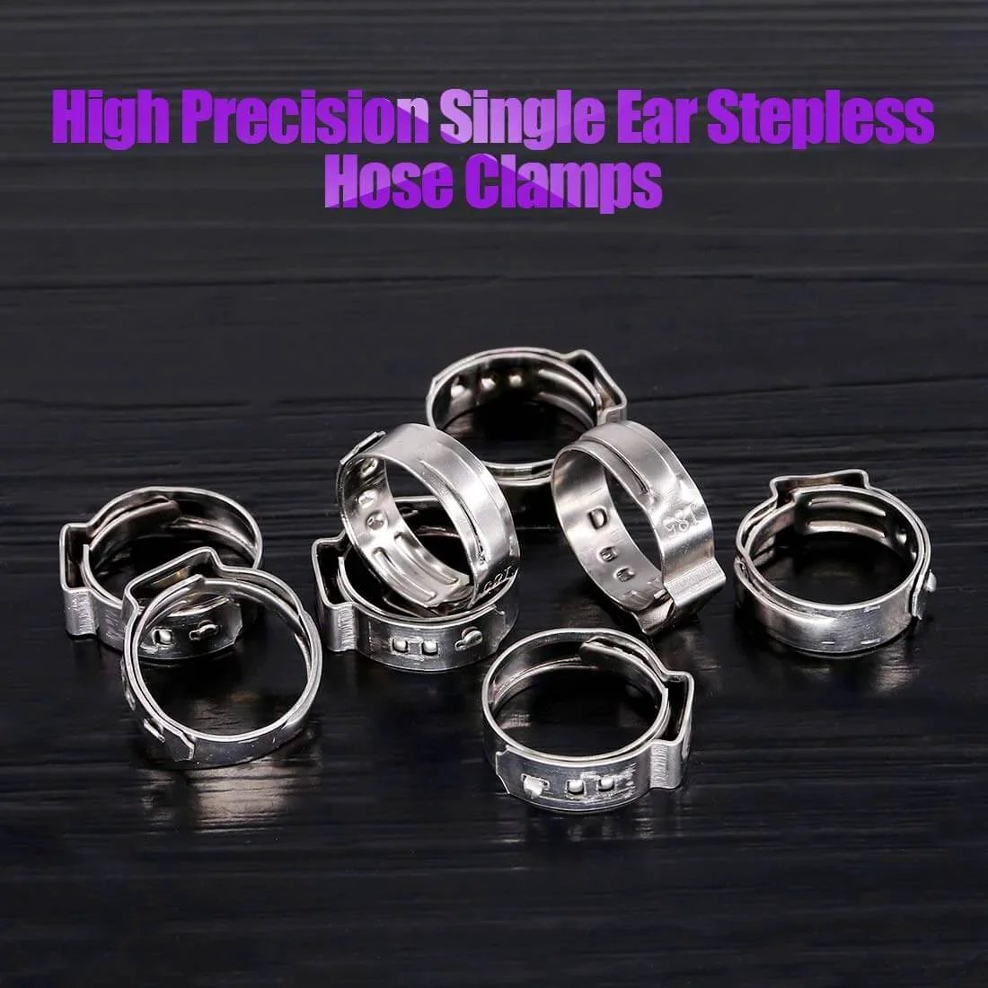 304 Stainless Steel Single Ear Hose Clamp Kit 35Pcs 15.3mm 18.5mm Crimp Ear Clamps on black background