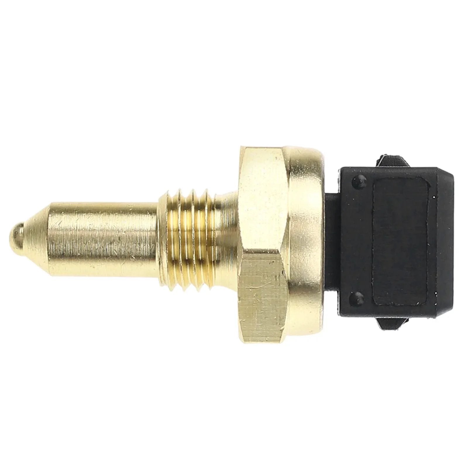 Side view of Premium Coolant Temperature Sensor Direct Fit For BMW 128i 135i 228i 320i 325i 328i 428i 435i 528i 535i 550i 640i 740i 750i 760Li X1 X3 X4 X5 X6 Z3 Z4 M5 M6 And Land Rover Freelander APremium, brass and plastic design.