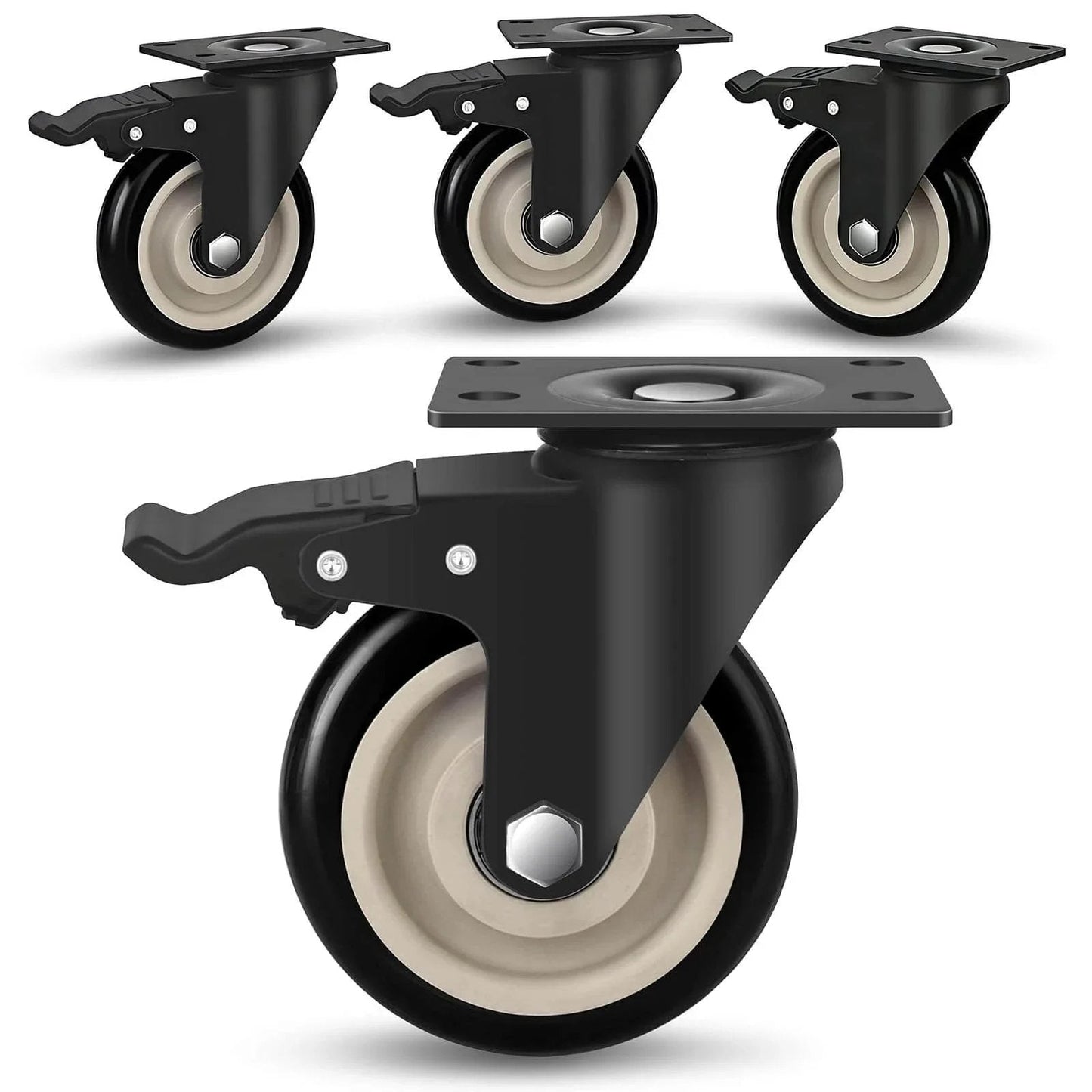 4 Inch Heavy Duty Industrial Caster Wheels Set Of 4 With Dual Locking Brakes 2200 Lbs Capacity For Cart And Workbench, front view