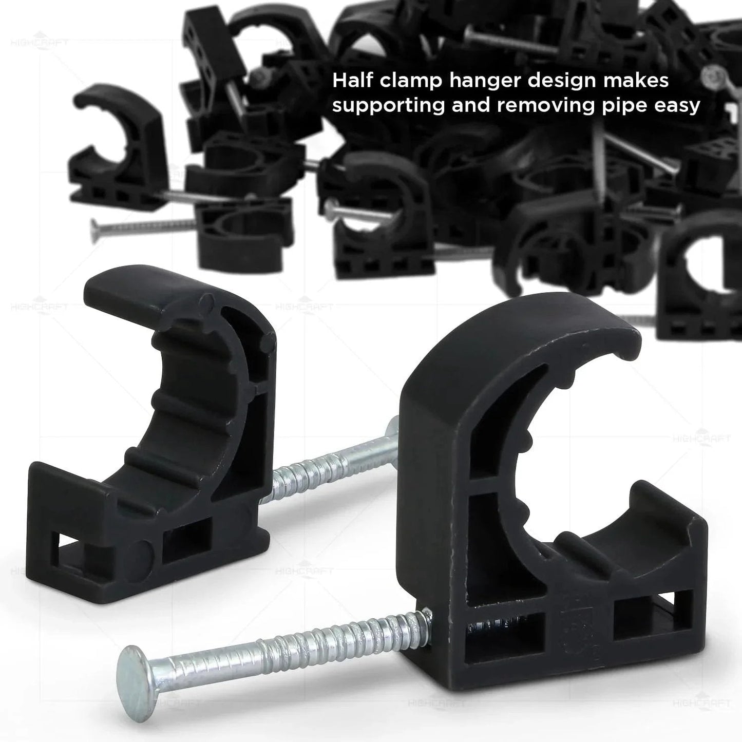Half Clamp With Nail For PEX Tubing Support One Half Inch Black Durable Plastic with Grip Friction Ring shown in close-up view