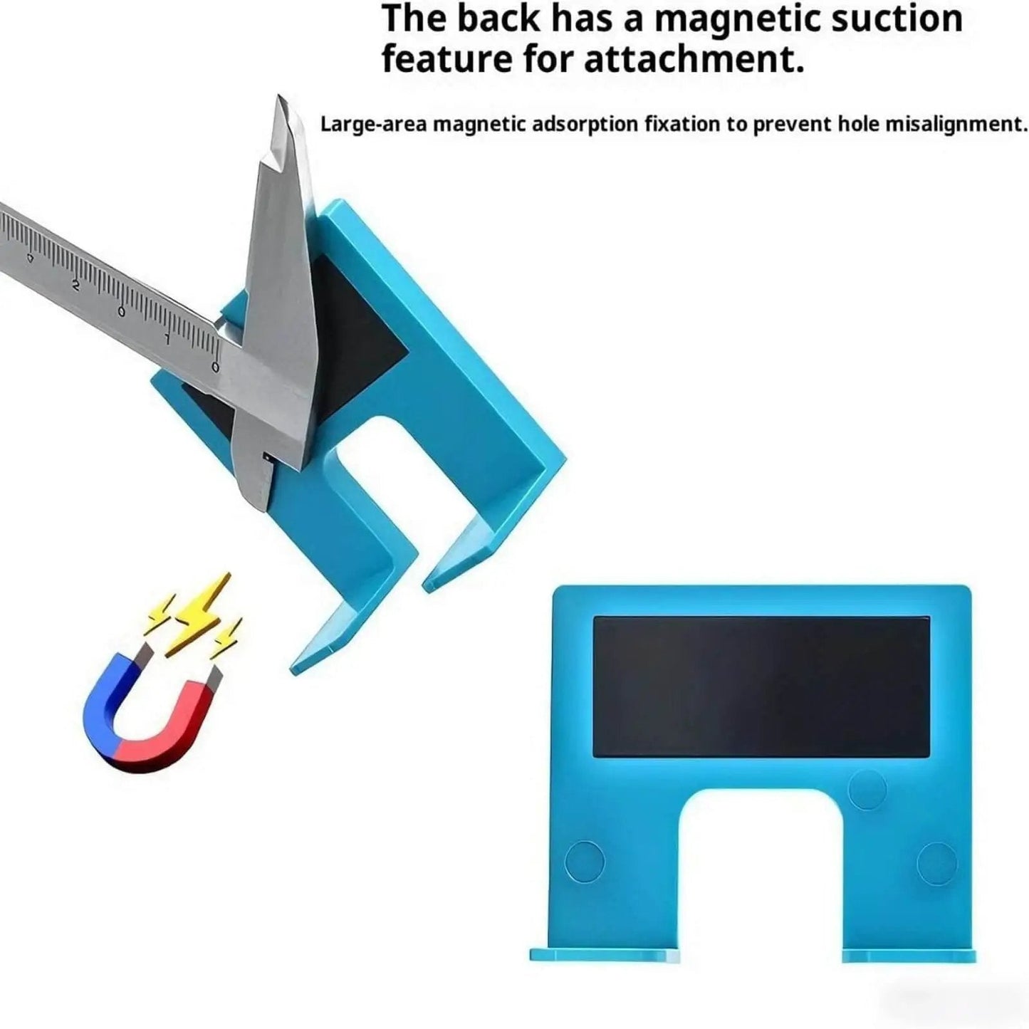 Effortless Magnetic Door Hinge Mate Kit shown in measurement diagram, blue plastic, magnetic for precise alignment.