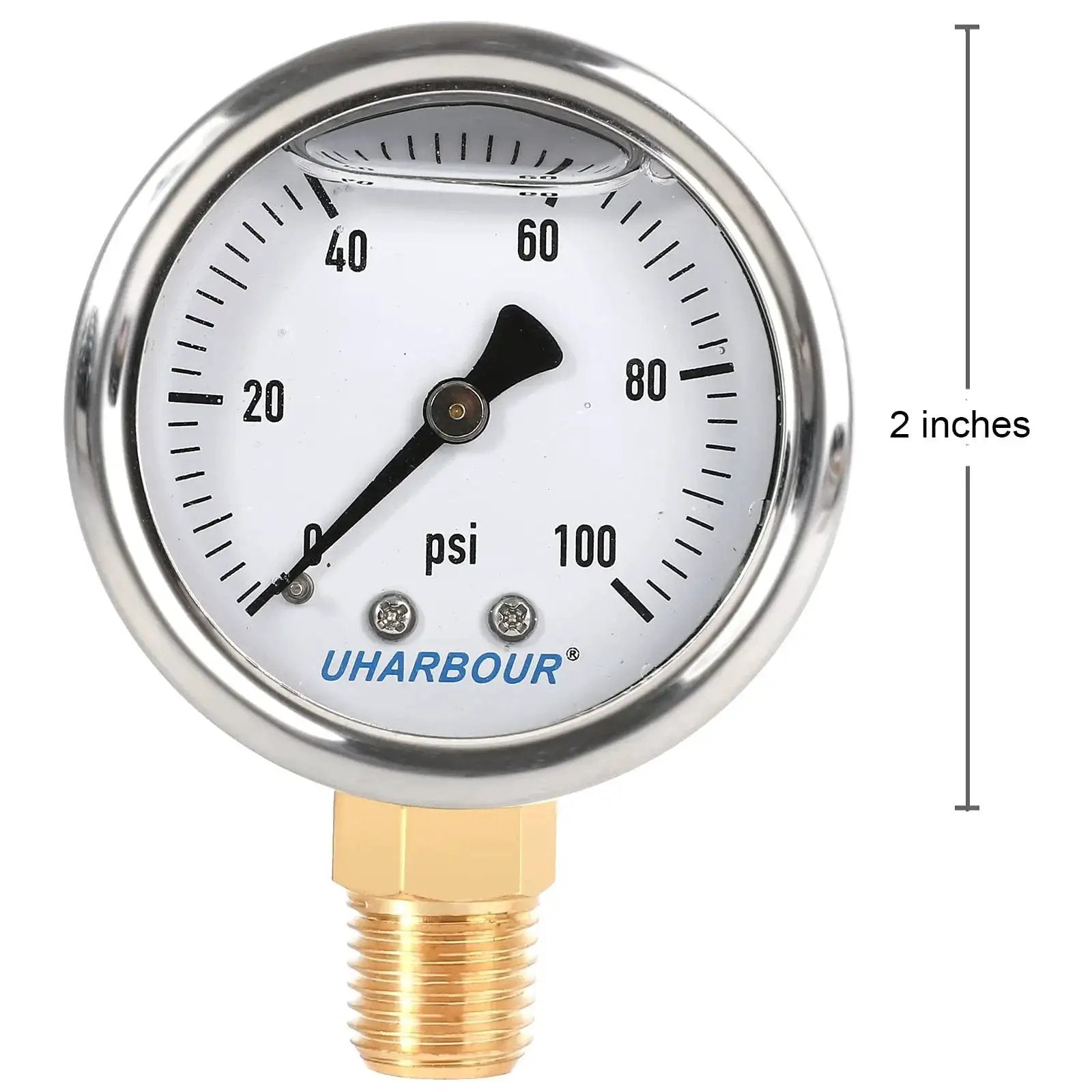 Liquid Filled Fuel Pressure Gauge With 2 Inch Dial And 304 Stainless Steel Case 0 to 100 Psi Range 2 Percent Accuracy Quarter Inch NPT