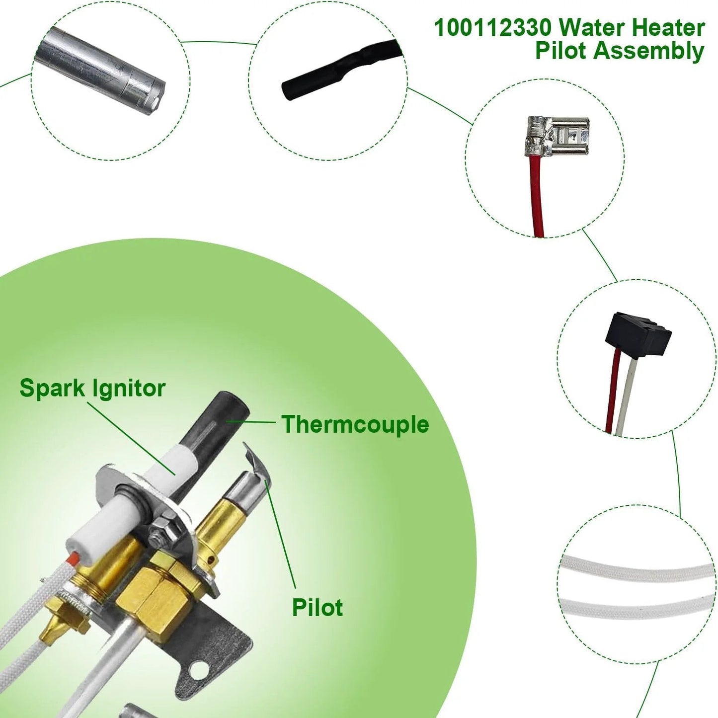 Thermopile Replacement Assembly For Whirlpool 9007876 9007877 And AO Smith 4067826 Gas Water Heaters shown with components labeled