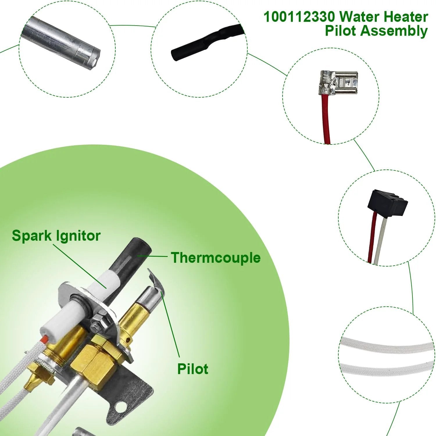 Thermopile Replacement Assembly For Whirlpool 9007876 9007877 And AO Smith 4067826 Gas Water Heaters shown with components labeled