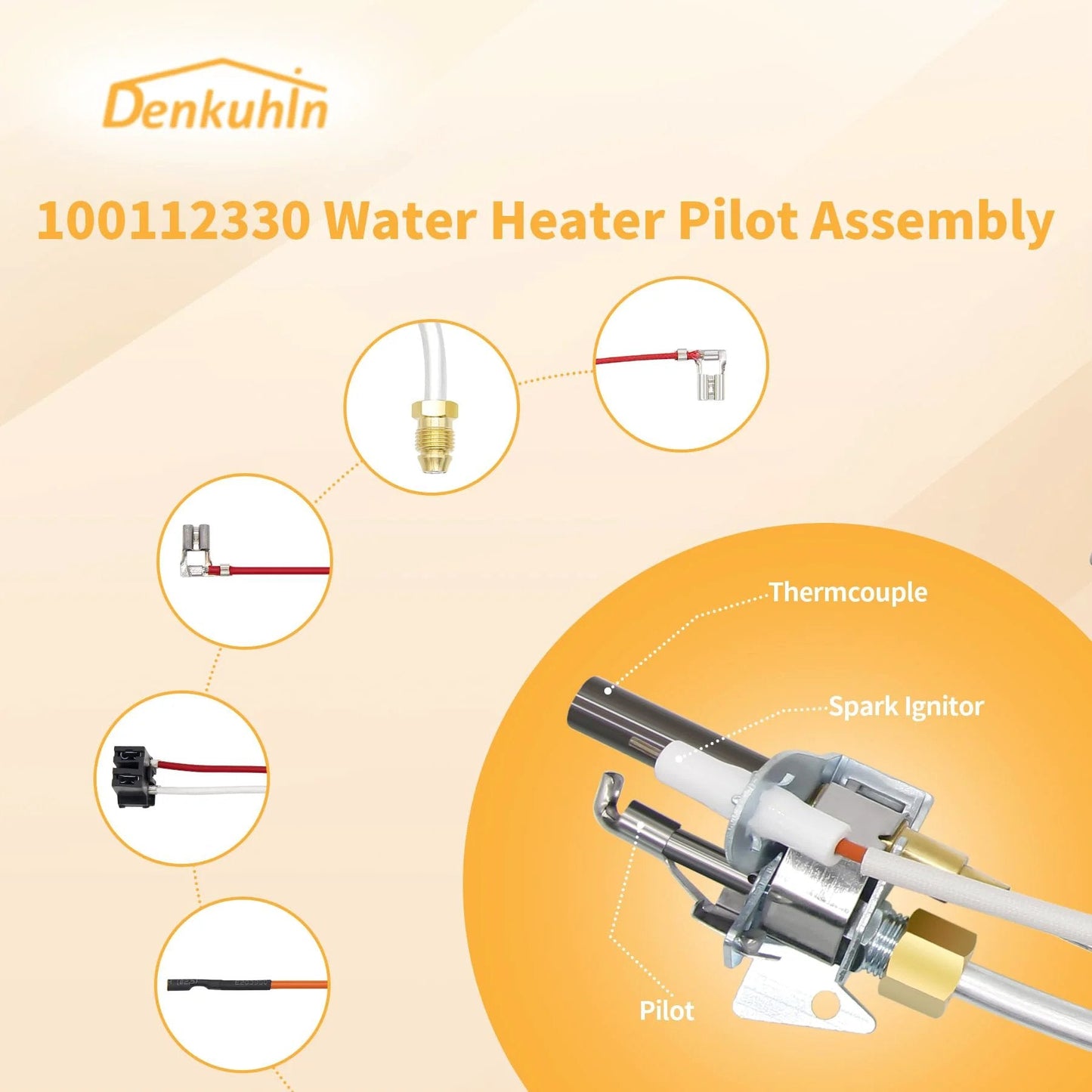 Water Heater Pilot Assembly With Thermopile 100112330 Replacement Fits Whirlpool 300 And 301 Series Water Heaters And A O Smith Kenmore State American Reliance Denkuhin diagram with components labeled.