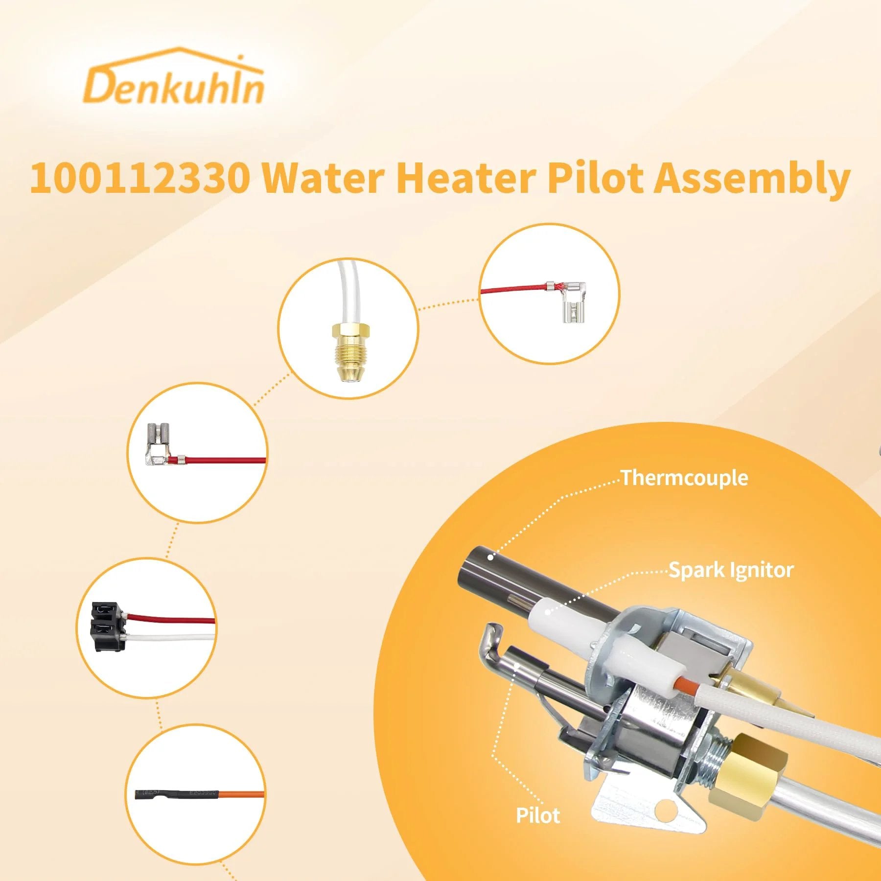 Water Heater Pilot Assembly With Thermopile 100112330 Replacement Fits Whirlpool 300 And 301 Series Water Heaters And A O Smith Kenmore State American Reliance Denkuhin diagram with components labeled.