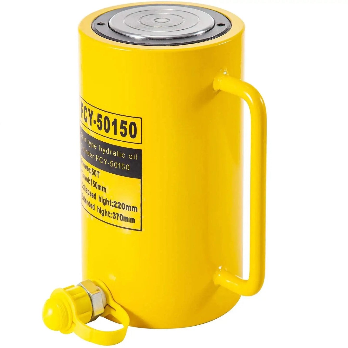 Side view of yellow 50T Hydraulic Cylinder Jack with 6 inch stroke for bending and lifting on trucks, showing handle and connector.