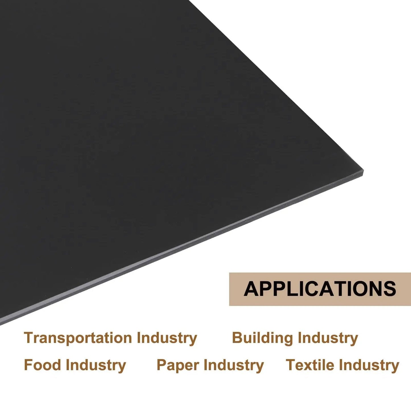Hard UHMW Polyethylene Sheet For Heavy Duty Use By Meccanixity, Self Lubricating, Abrasion Resistant Plastic Sheet, 10 X 12 X 0.1 In, Black, Ideal For Liners, Bearings, Bushings, showing applications.