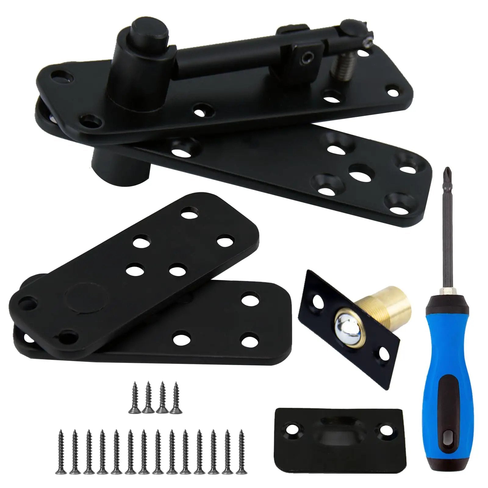 Heavy Duty Hidden Door Hinge 570 Lbs Steel Pivot 360 Degree Silent Rotation for Secret Doors hardware kit with screws and screwdriver.