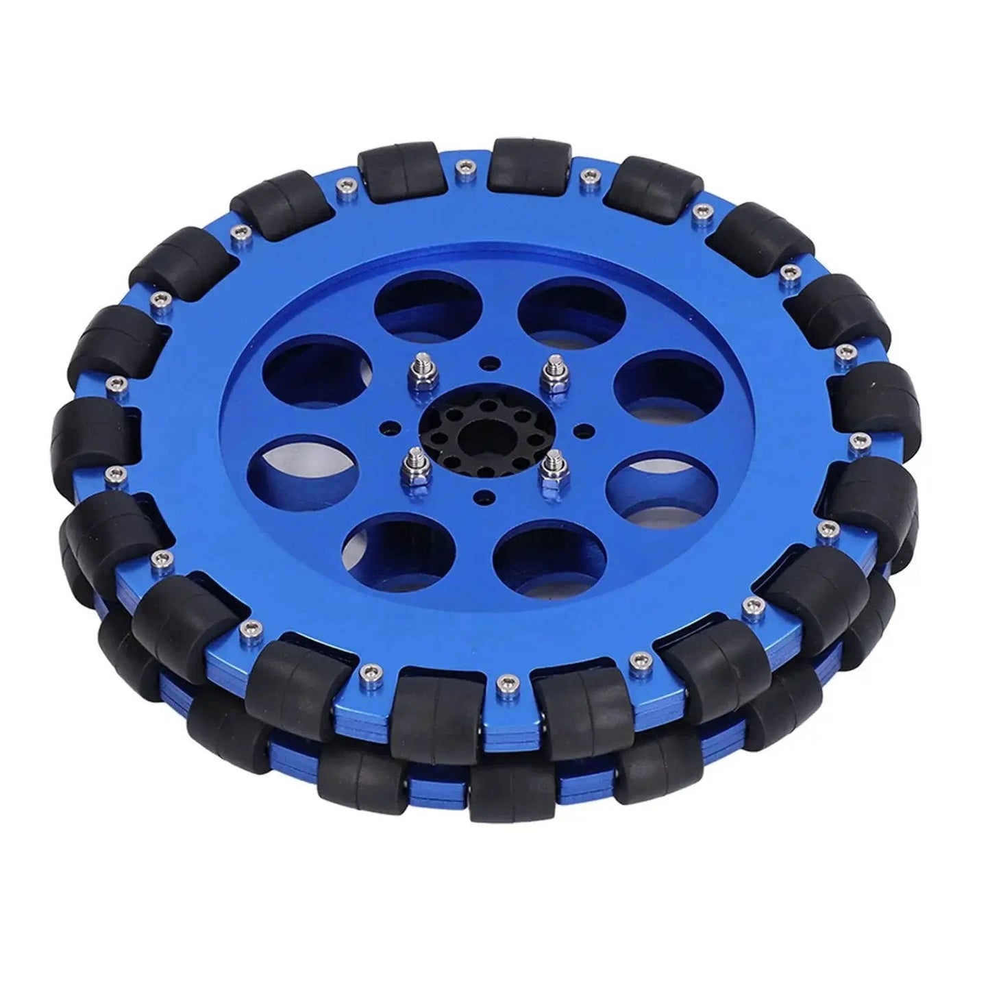 8 Inch Two Wheel Omni Wheel Set With Aluminum Hub for Smooth 360 Degree Movement, showcasing dual bearings and subdivided circular structure.