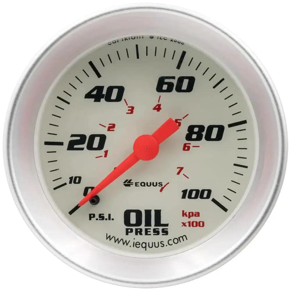 2 Inch Mechanical Oil Pressure Gauge With White Face And Aluminum Bezel 0 To 100 PSI Backlit Night Readout With Red Green Blue And Yellow Bulb Covers 270 Degree Analog Sweep For Precise Engine Monitoring For Your Ride