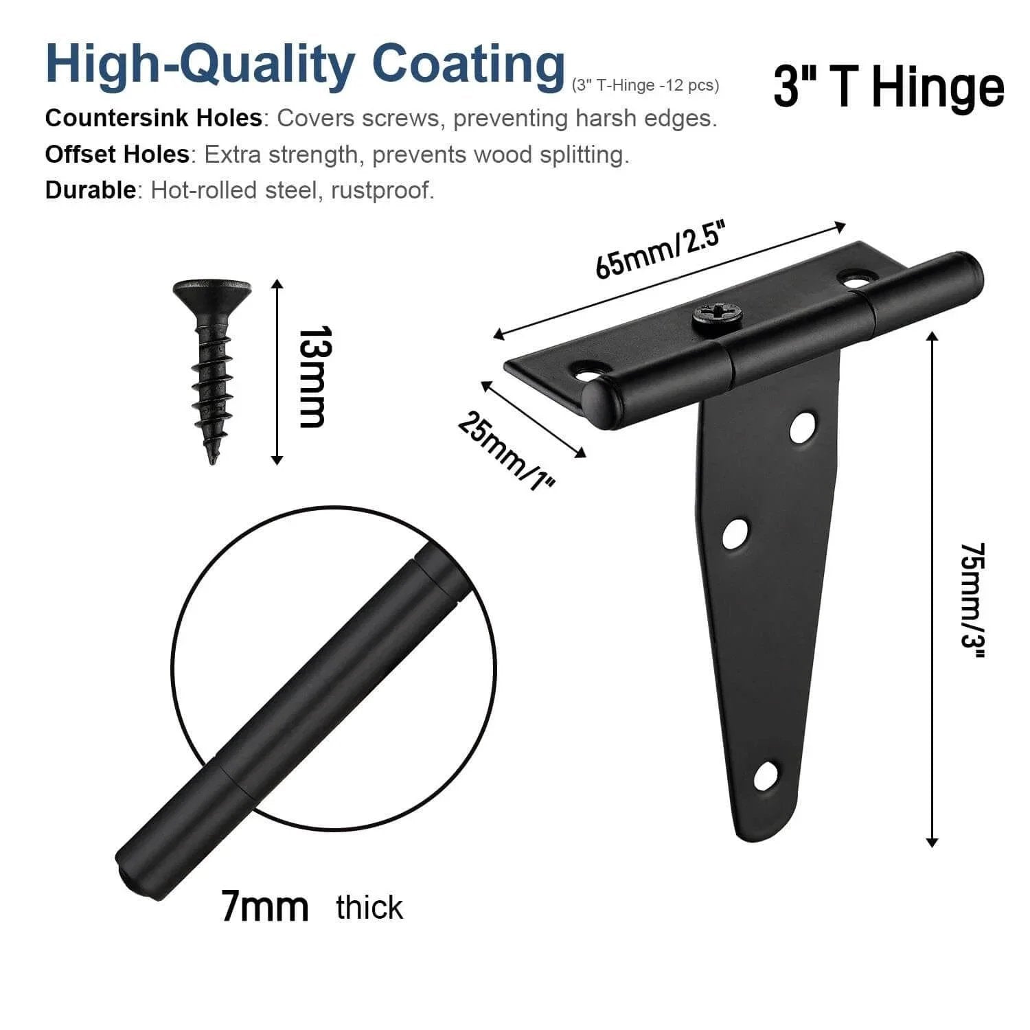 Diagram showing dimensions of Six Pack 3 Inch Black T Strap Shed Door Hinges with rustproof coating and included screw.