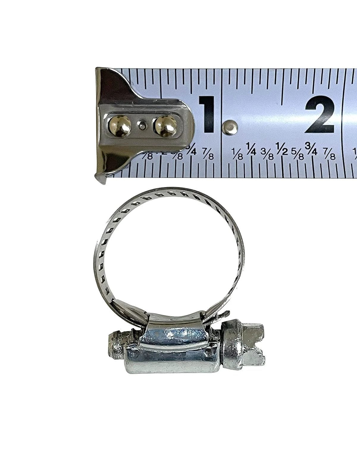Close-up of a stainless steel hose clamp next to a measuring tape, Stainless Steel Band Hose Clamp Kit For Autos And Diy Projects, 10 Pack.