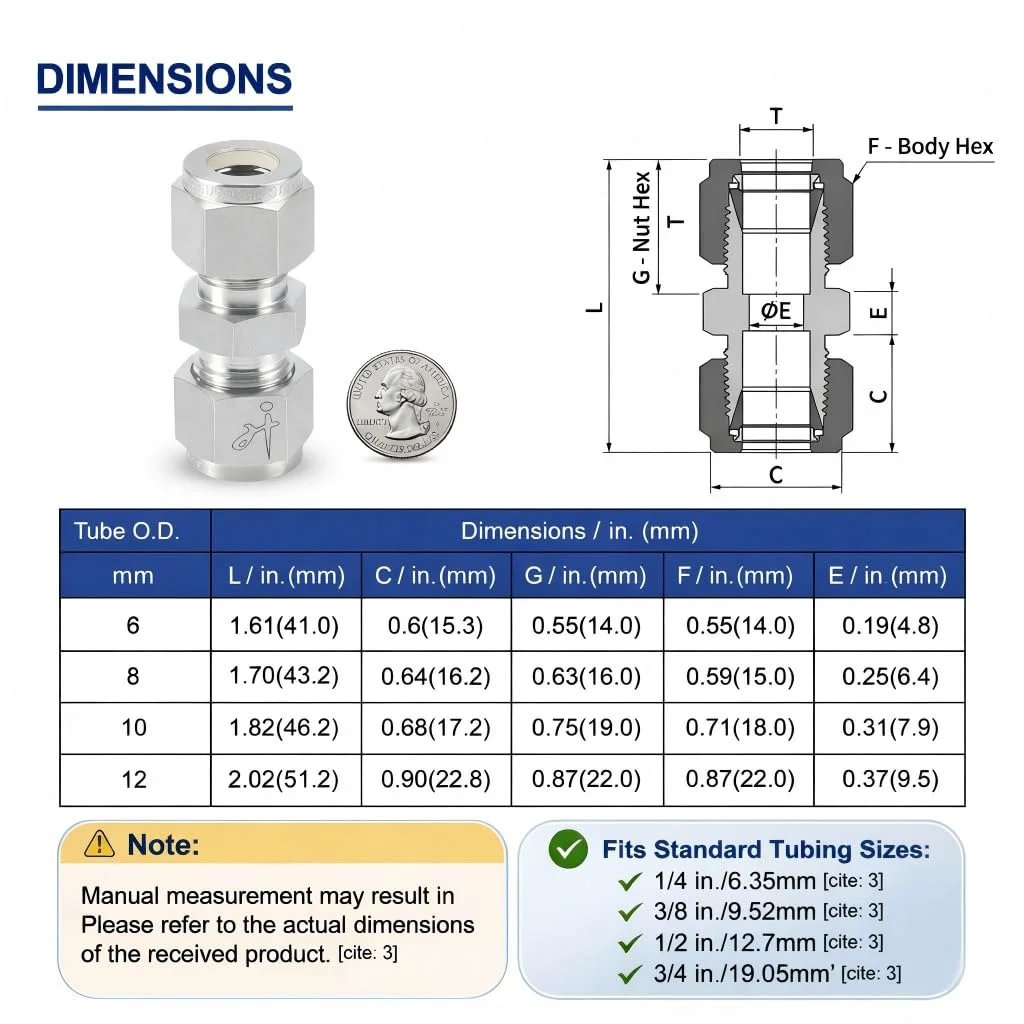 316 Stainless Steel Compression Tube Fitting 8mm OD x 8mm OD Straight Union Adapter Connector With Double Ferrules with dimensions chart