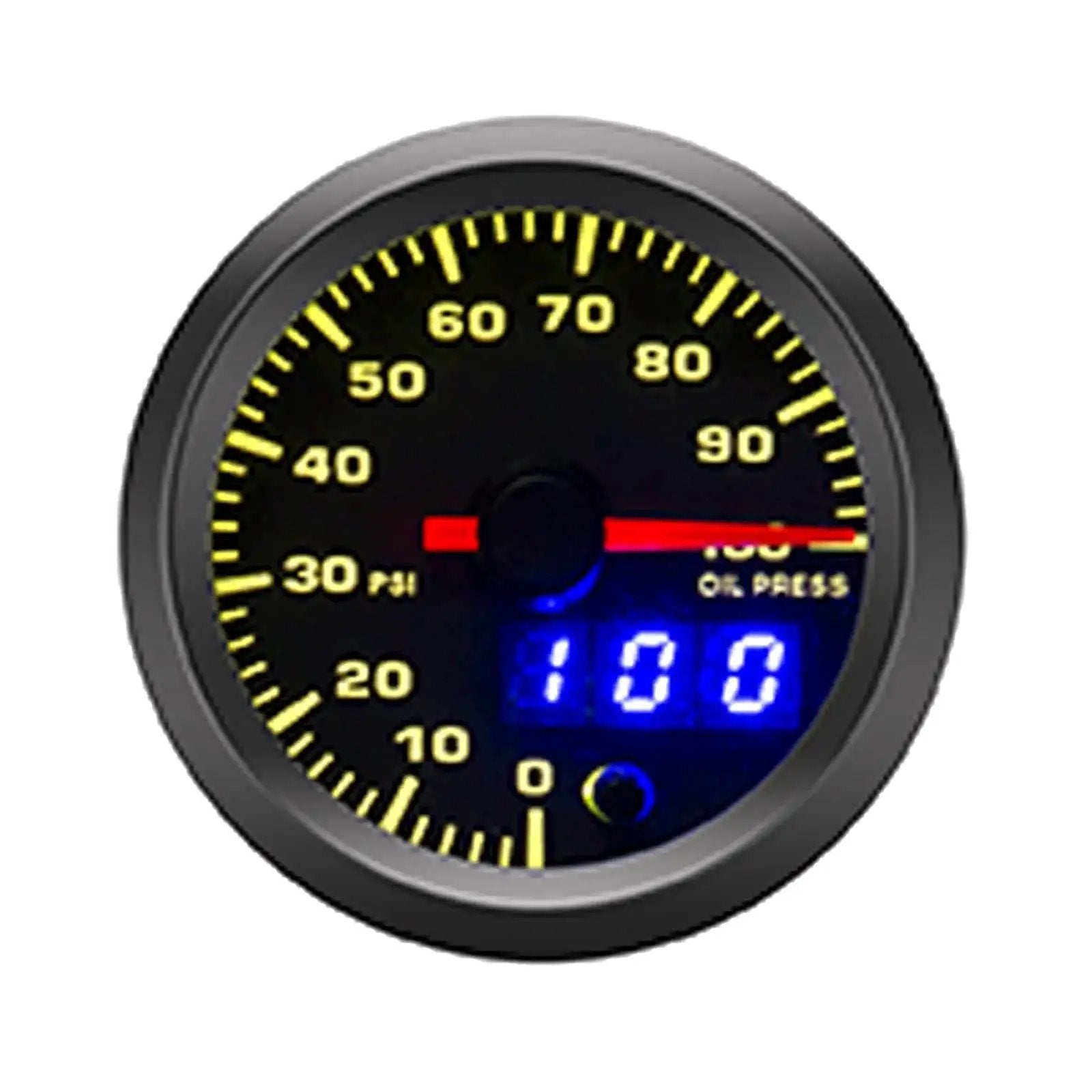 Close-up of Oil Pressure Gauge Kit 52mm with 7 color LED digital readouts, black dial, showing 0 to 100 PSI, designed for 12V systems.
