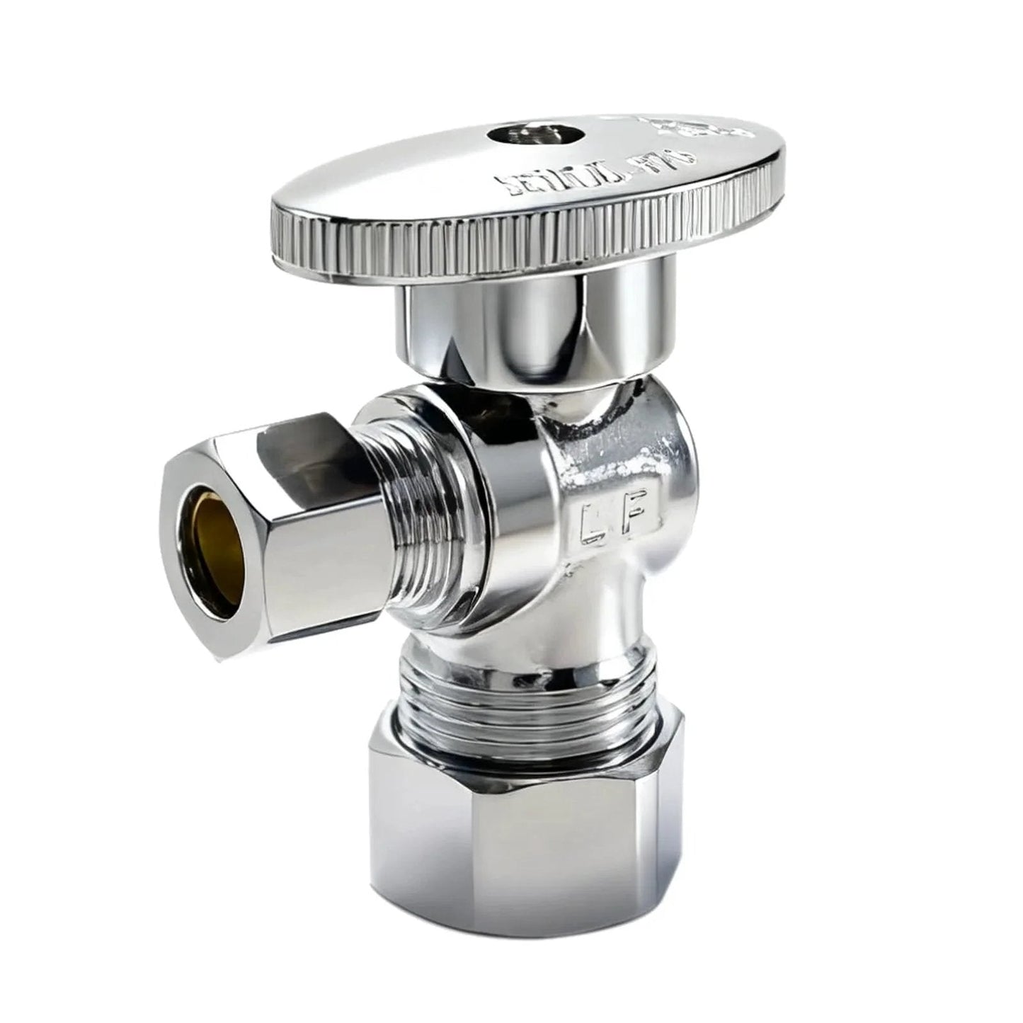 Angle Stop Valve One Half Inch Nominal Compression Inlet To Three Eighths Inch Compression Outlet Quick Install Quarter Turn Water Shut Off Valve For Toilet And Faucet Plumbing Lead Free Brass One Pack shown in chrome finish
