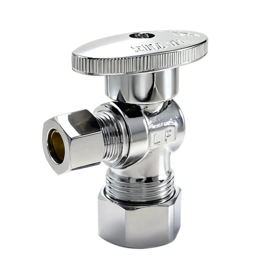 Angle Stop Valve One Half Inch Nominal Compression Inlet To Three Eighths Inch Compression Outlet Quick Install Quarter Turn Water Shut Off Valve For Toilet And Faucet Plumbing Lead Free Brass One Pack shown in chrome finish
