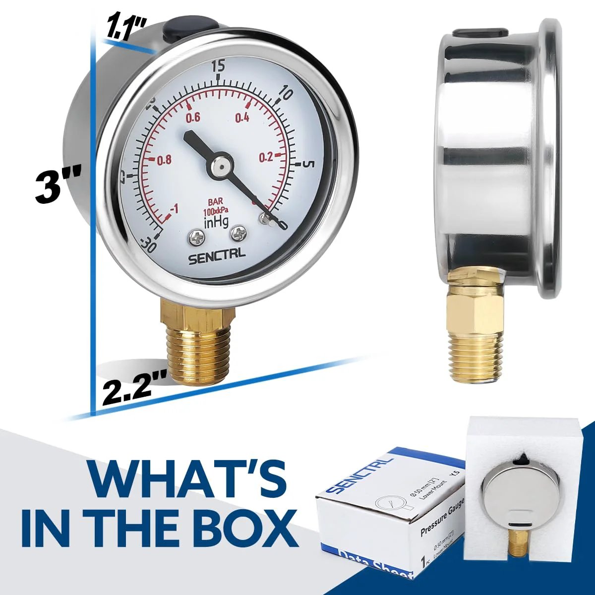 Heavy Duty 30 InHg Vacuum Pressure Gauge With Two Inch Dial And One Quarter NPT Lower Mount Built To Last In Waterproof Stainless Steel Case For HVAC Tube Tester Pneumatic Systems And Hand Pump SENCTRL