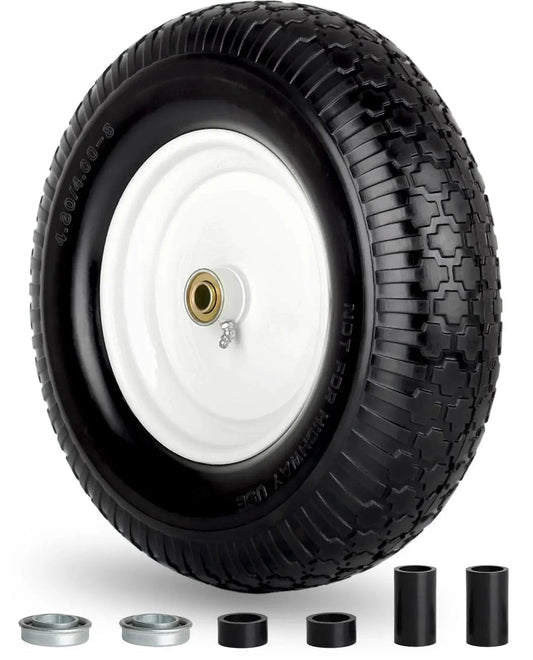 16 Inch Flat Free Solid Tire And Wheel For Garden Carts Wheelbarrows And Lawn Mowers with bearings and spacers displayed
