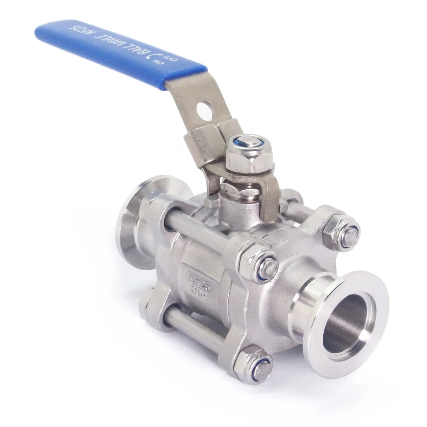 Front view of Stainless Steel 304 Vacuum Ball Valve Clamp With Locking Device KF-25 Tri Clamp, PTFE Seal, Serviceable Design