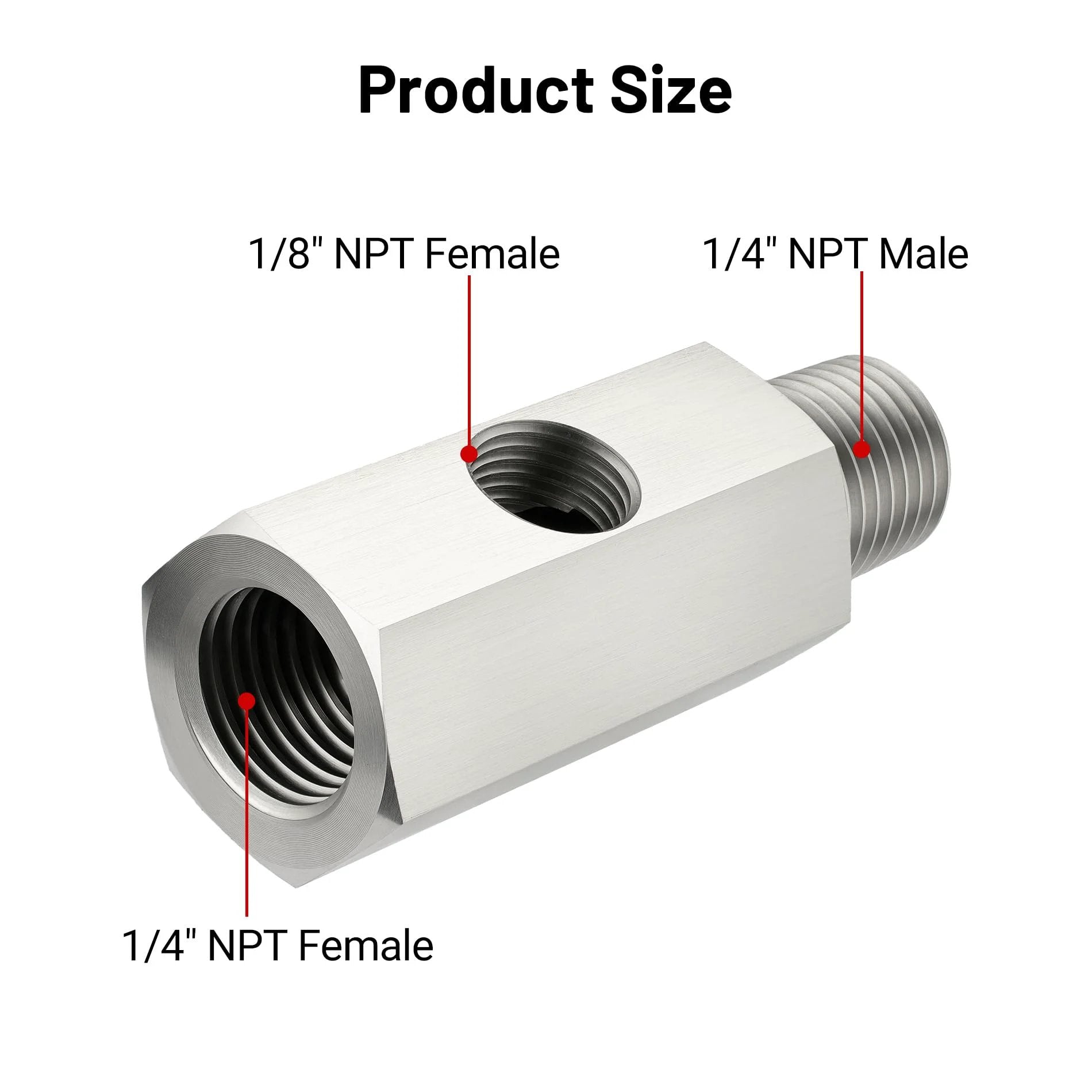 Side view of Stainless Steel Oil Pressure Sensor Tee Adapter with 1/4 NPT Female Outlet, 1/4 NPT Male Inlet, 1/8 NPT Female Center Port