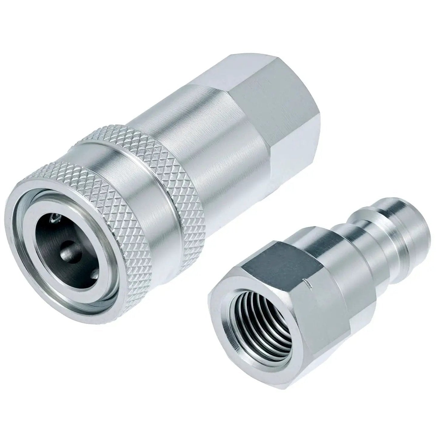 Rugged 1/4 Inch Hydraulic Quick Connect Coupler Set with Dust Caps, 3600 PSI Rating, shown in close-up with steel material visible