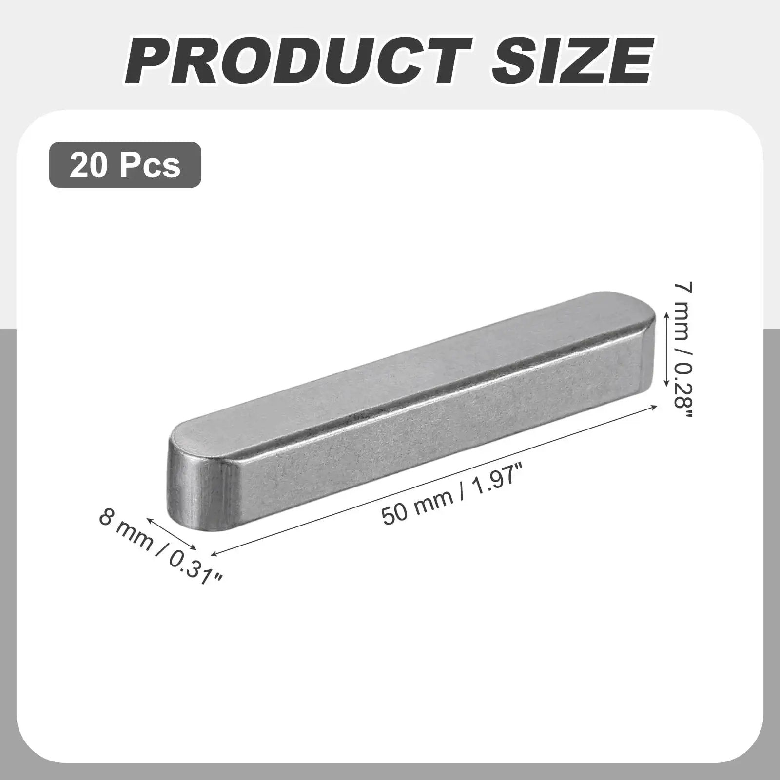 Round Ended Feather Keys Set, 20 Pcs, 50x8x7mm Stainless Steel Drive Shaft Keys, product size dimensions shown