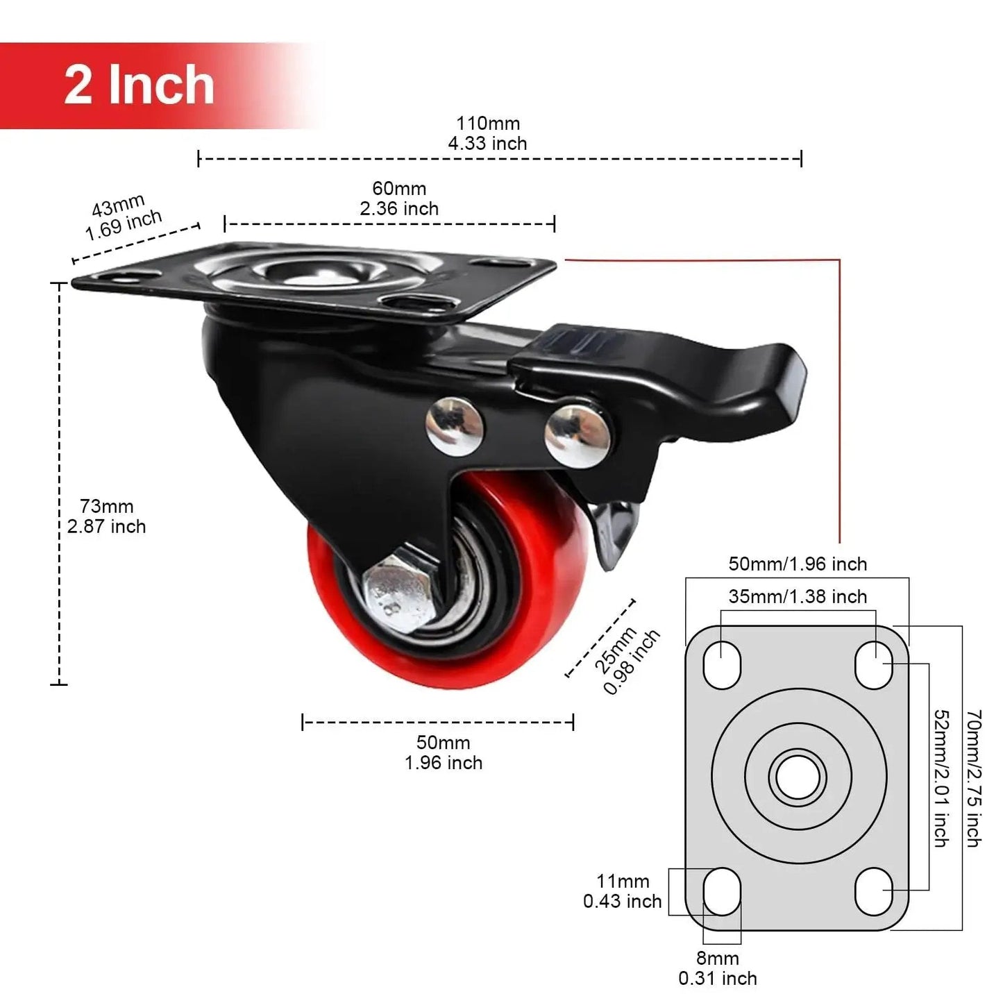 Side view of 2-Inch Heavy Duty Polyurethane Caster Wheels Set Of 4 With Brakes, Locking Swivel Plate Casters for carts and furniture.