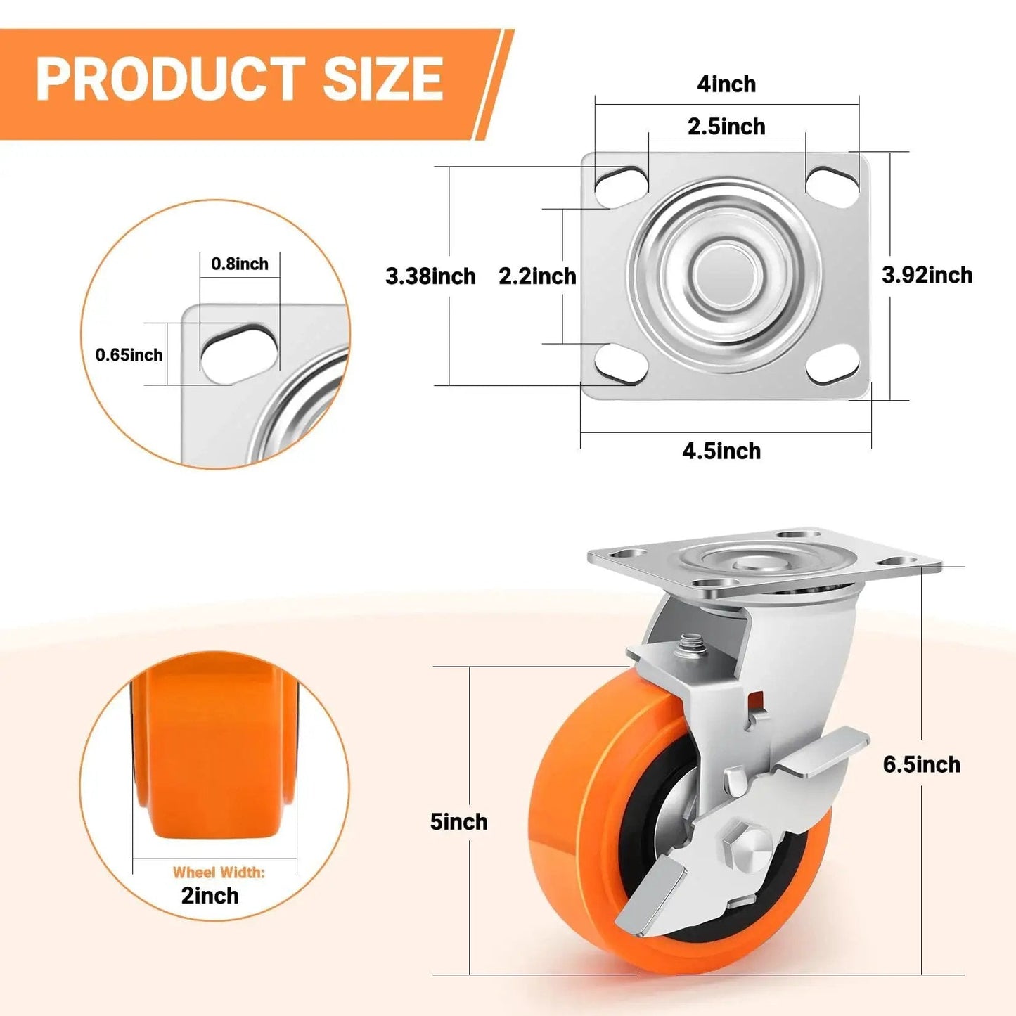 Heavy Duty Industrial Casters With Upgraded Thickened Bracket, 5 Inch Plate Swivel Caster Set Of 4, Polyurethane Wheels, dimensions diagram