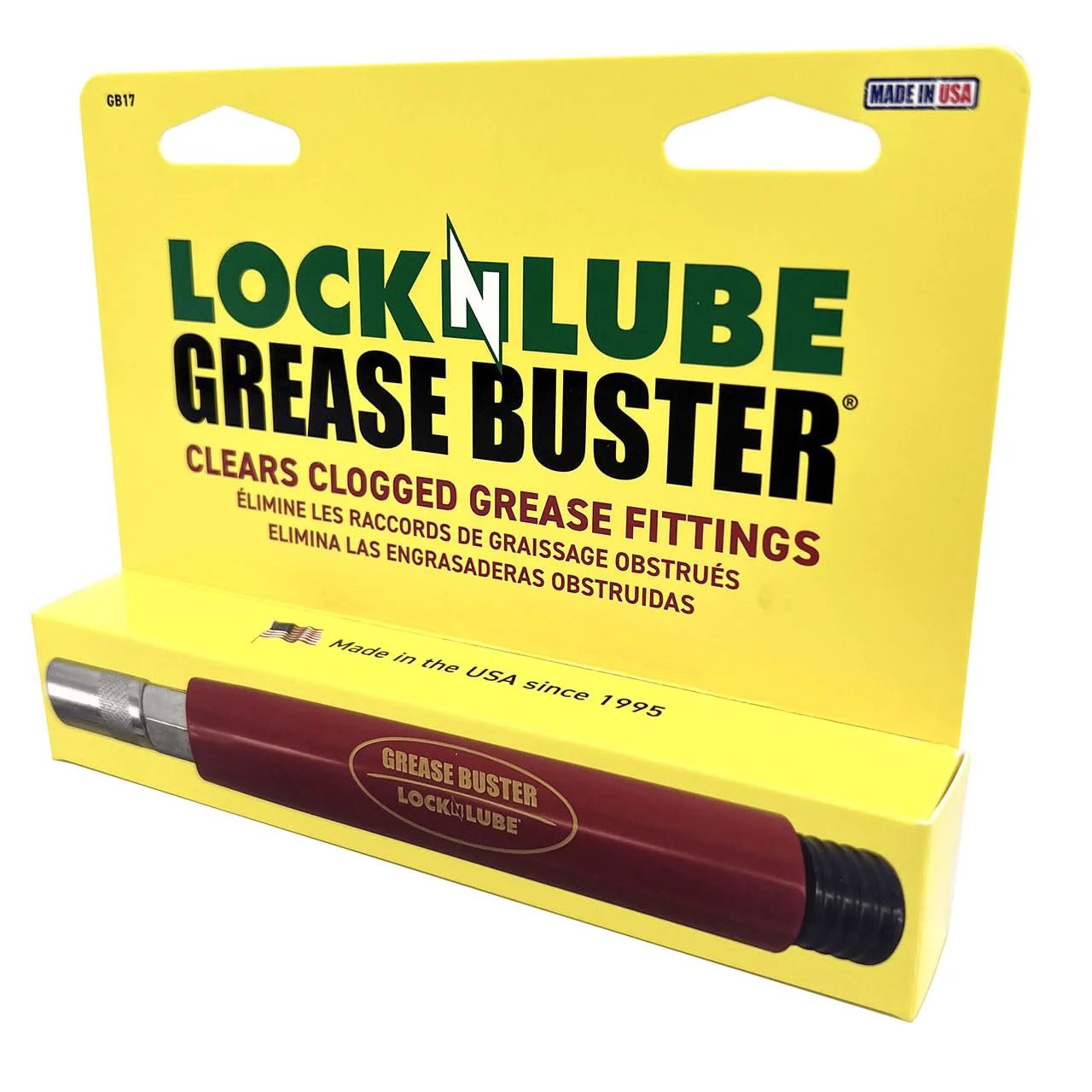 Grease Buster The Original Grease Flushing Tool For Fittings Pins Shafts And Joints Uses Penetrating Oil And Hydraulic Pressure To Clean Dried Grease Made In USA By LockNLube packaging