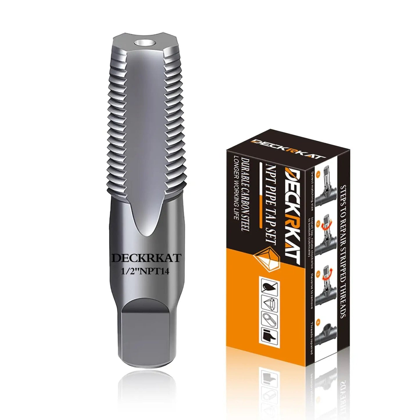 Precision Half Inch NPT Pipe Tap With 14 Threads Per Inch For Plumbers Mechanics And DIY Enthusiasts High Carbon Steel Cutting Tool With Heat Treated Strength Long Lifespan And Protective Case DeckRKAT shown with packaging