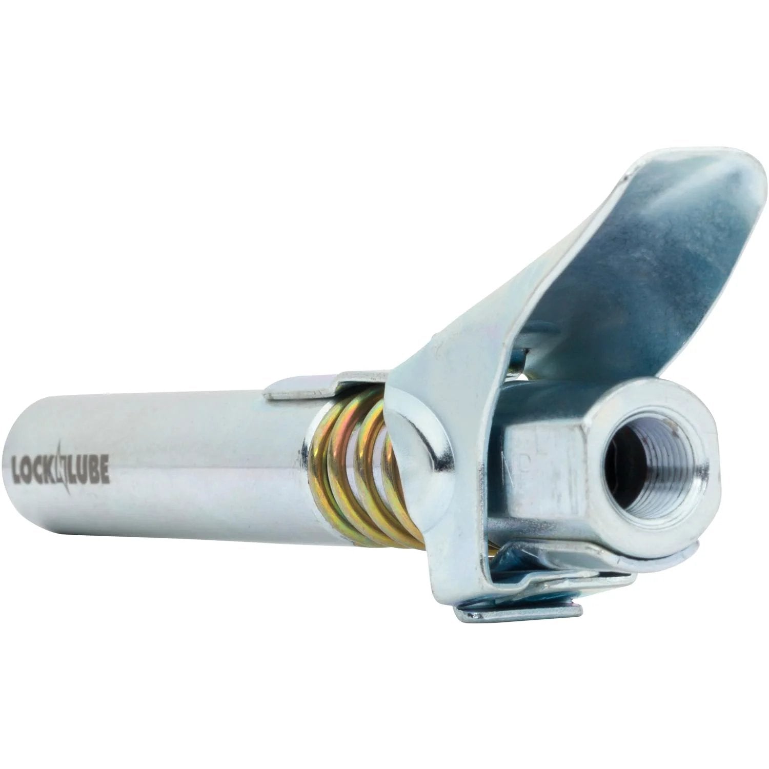 Close-up of Extra Reach XL Grease Gun Coupler With Universal Fit Locking Hands Free Design For Recessed Fittings High Pressure Up To 10,000 PSI