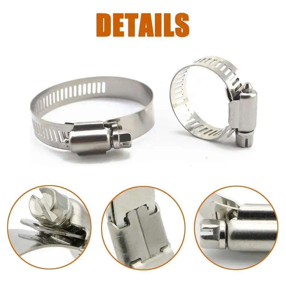 Close-up of Stainless Steel Adjustable Worm Gear Hose Clamp Kit For 27 To 102mm Range, highlighting clamp details and construction.