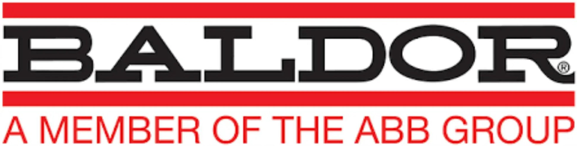 Baldor logo, a member of the ABB group, text in black and red.