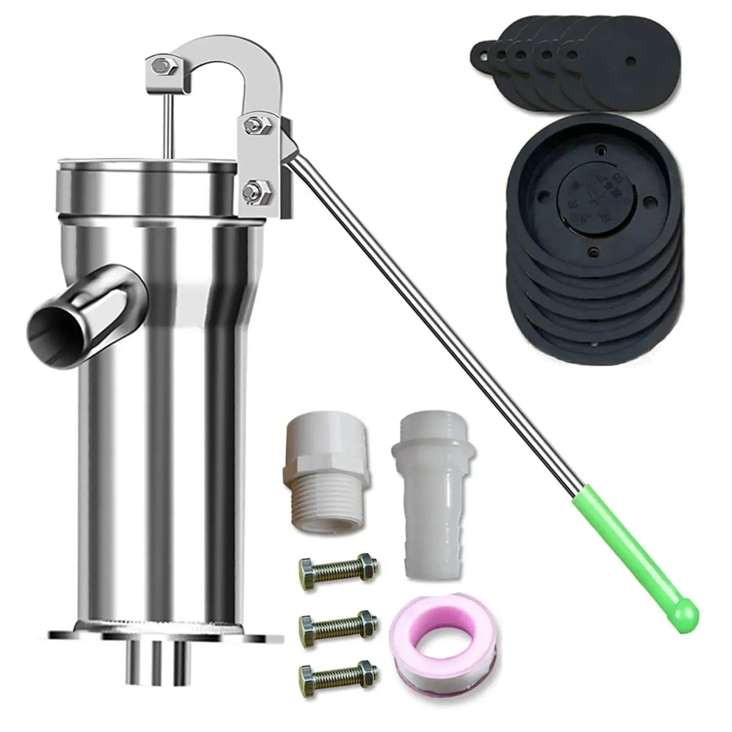 Stainless Steel Manual Well Pump For Deep Wells With Easy Hand Crank and accessories, including fittings and sealing rings