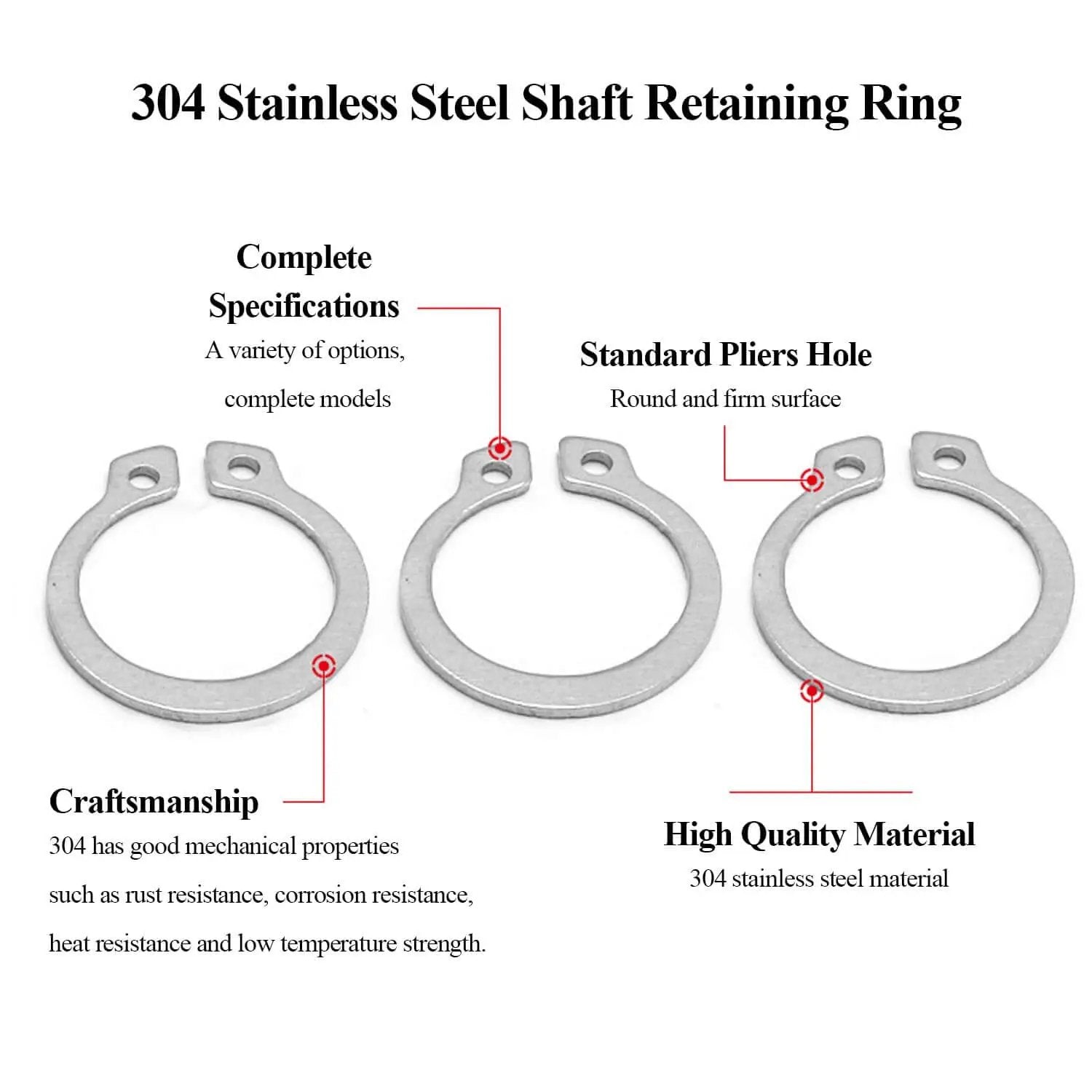 Image of 304 Stainless External Circlip Ring with material details and features.