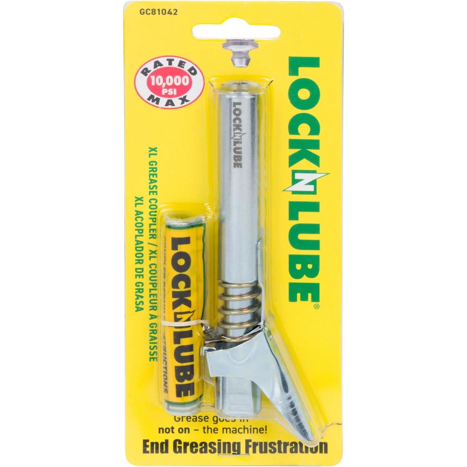 Front view of Extra Reach XL Grease Gun Coupler With Universal Fit Locking Hands Free Design For Recessed Fittings High Pressure Up To 10,000 PSI Leak Proof Quick Connect Durable Grease Fittings Tool For Pro And DIY in packaging