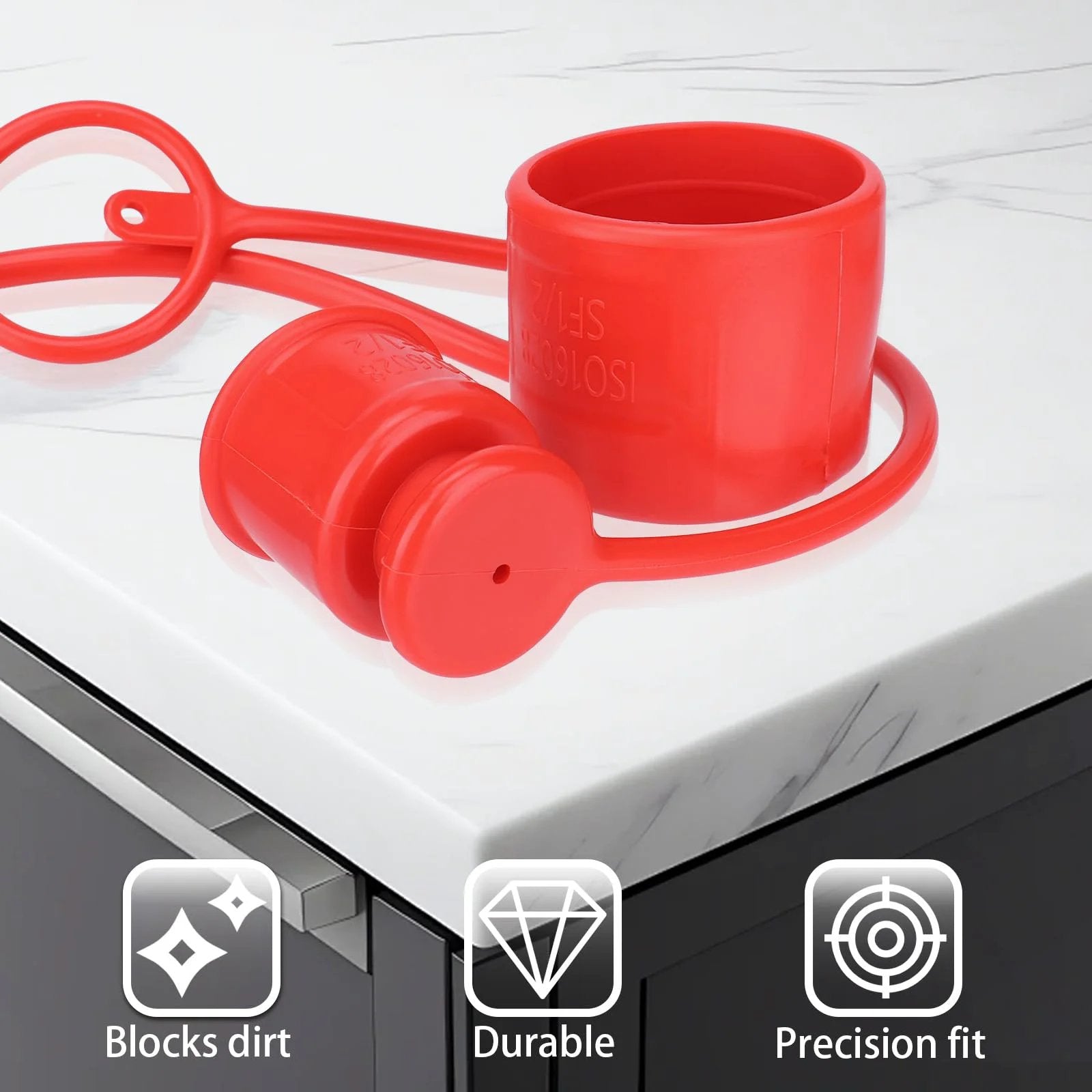 Dust Cap And Plug Kit For Half Inch Flat Face Hydraulic Quick Connect Couplers Includes Four Male And Four Female Rubber Covers Universal Fit For Skid Steer Bobcat Attachments, shown with red rubber plugs on a countertop.