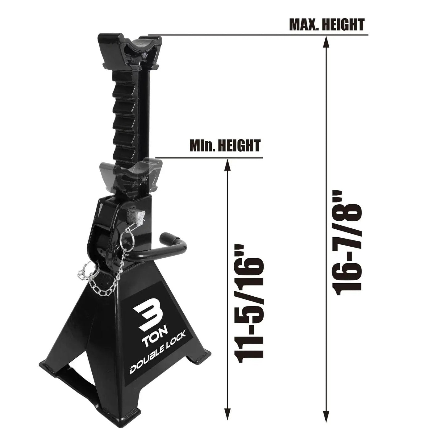 Heavy Duty 3 Ton Steel Jack Stands With Double Locking Pins 2 Pack showing height range 11 5/16 in to 16 7/8 in