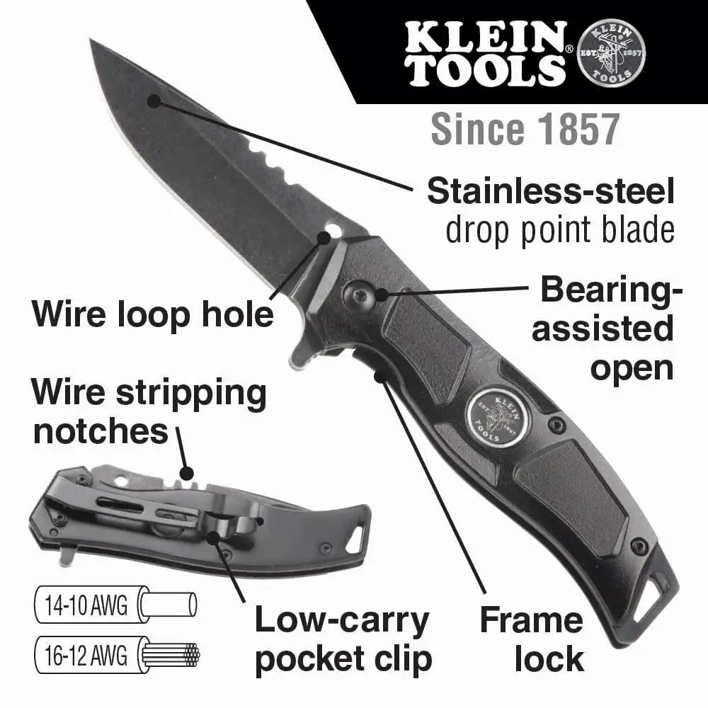 Folding Pocket Knife For Electricians With Bearing Assist Flipper And Frame Lock, Black Handle, Stainless Steel Blade, Belt Clip