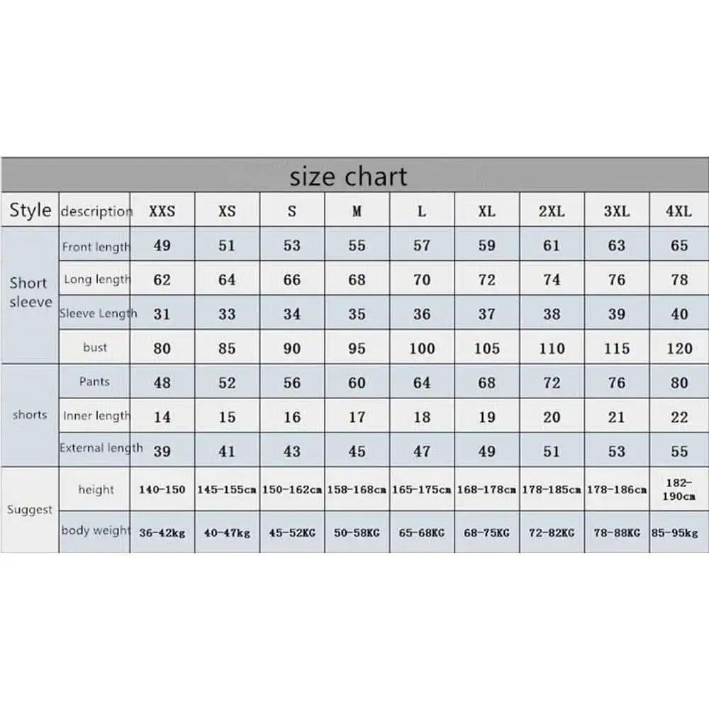 Size chart for clothing, detailing dimensions for XXS to 4XL including bust, sleeve, and pant measurements.