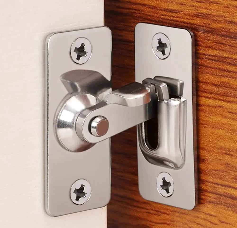 90 Degree Right Angle Gate Latches For Barn Doors Windows Garden Gates Cabinets And Sliding Doors Durable Stainless Steel With Welded Seal And Thickened Reinforced Base Corrosion Resistant Finish For Long Lasting Security, installed on wood surface
