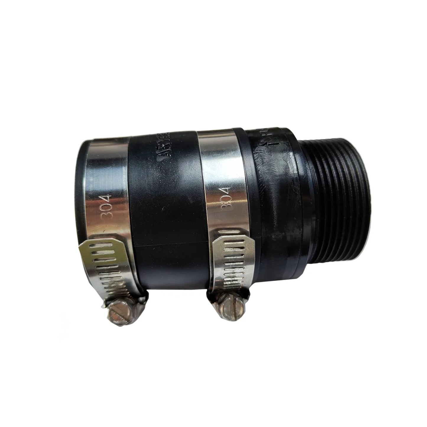 Side view of 1-1/2 Inch Inline Check Valve With Stainless Steel Clamps Model 30-0238 Black Garden Hose Pump Discharge Fitting Vertical Install Only